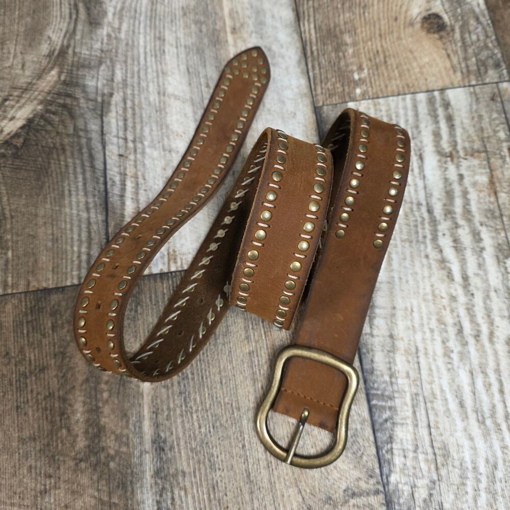Vintage Studded Leather Belt Brown Brass Western 70s Style Boho Cowgirl Hippie